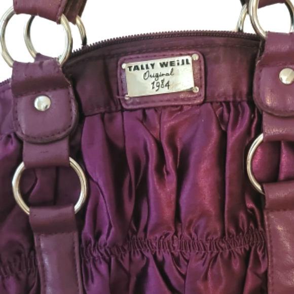 Tally Weijl Ruched Purple Satin and Faux Leather Shoulder Bag - Picture 2 of 12